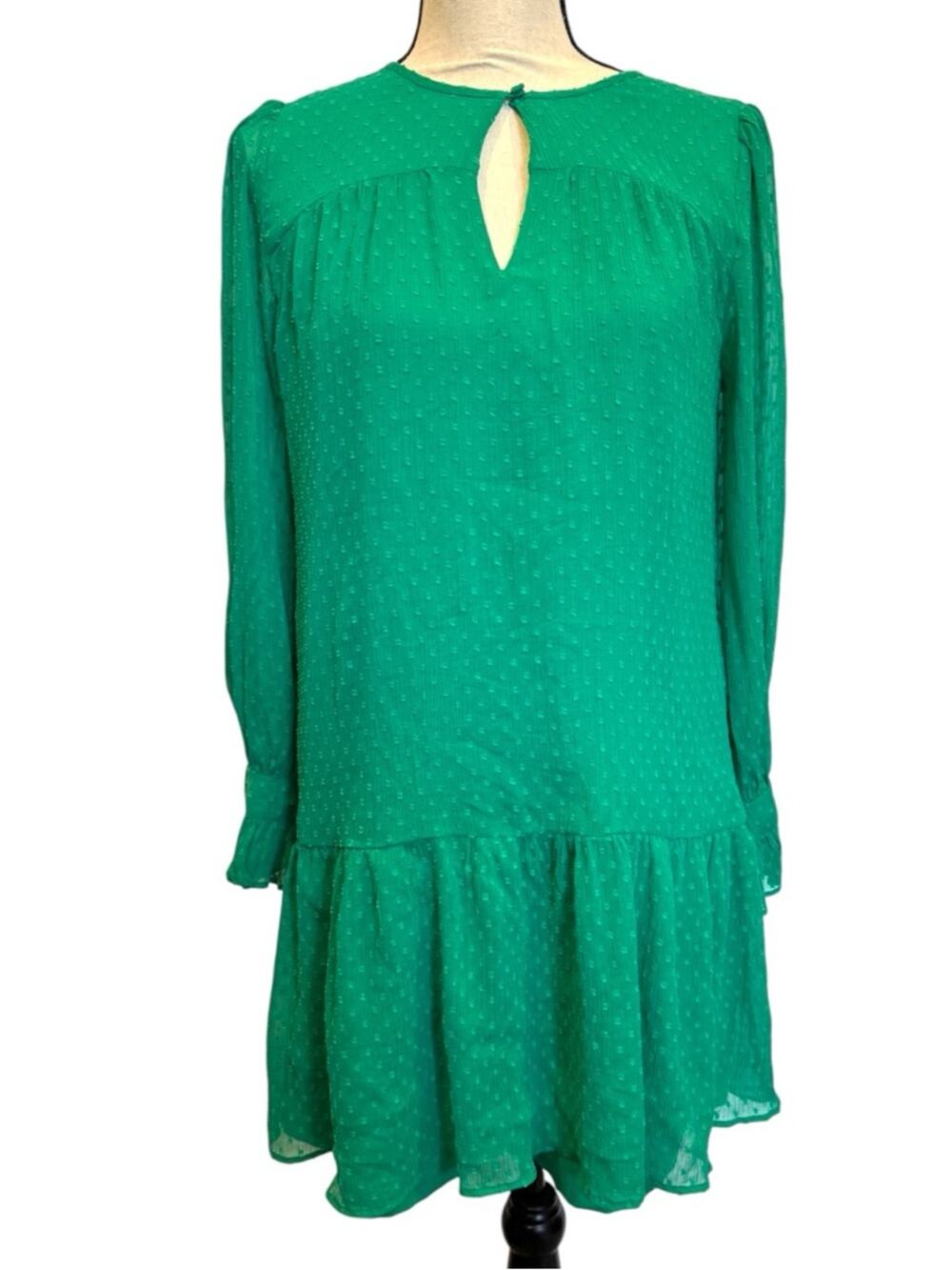 LOFT Green Swiss Dot Long Sleeve Shift Dress Size Small